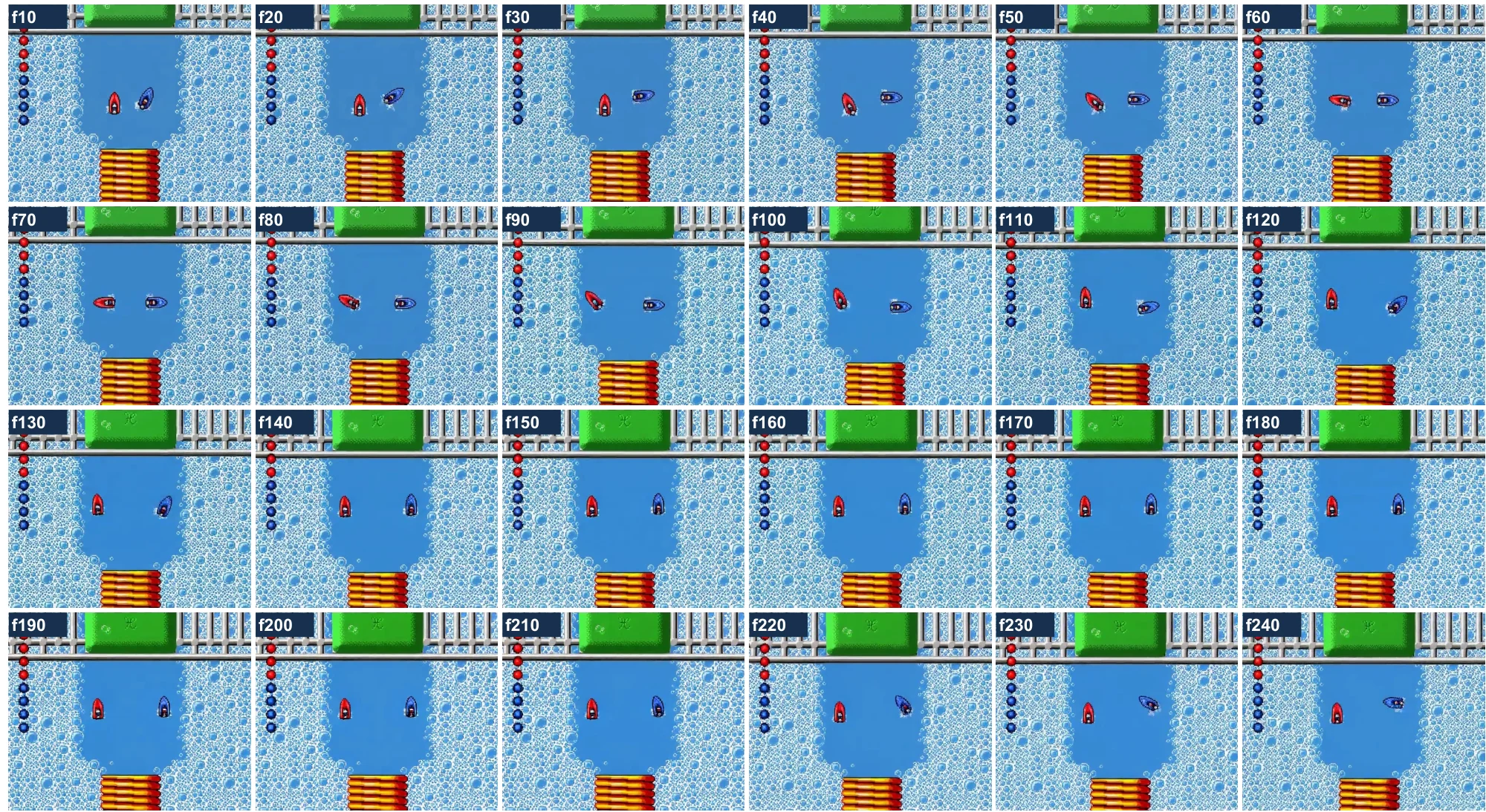Twenty-four generated frames of one 241-frame Micro Machines rollout, sampled every ten frames.