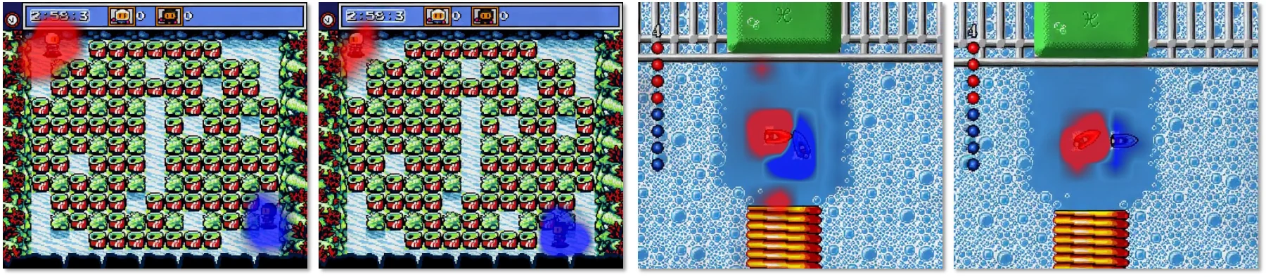 Spatial fields of agent-specific control residuals in Bomberman and Micro Machines; red for agent 1 and blue for agent 2.
